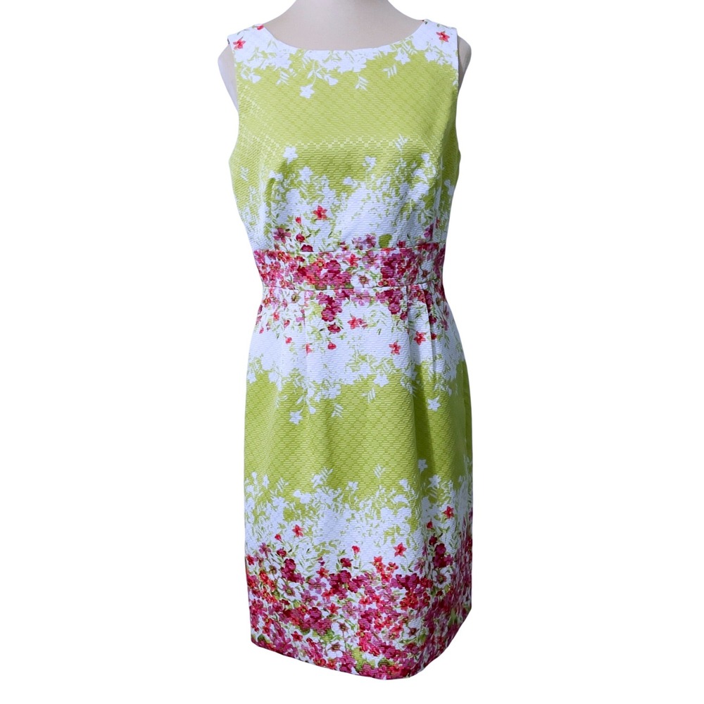Tahari Arthur S.Levine Floral Sheath Dress 6 Lime Green Pink Garden Party Spring